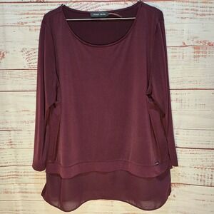 Ivanka Trump Womens XL Burgundy Layered Hem Long Sleeve Scoop Neck Blouse Top